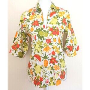 VTG Ruth Clarage Blouse Tropical Fruit Handprinted Original Fabric Jamaica Sz S